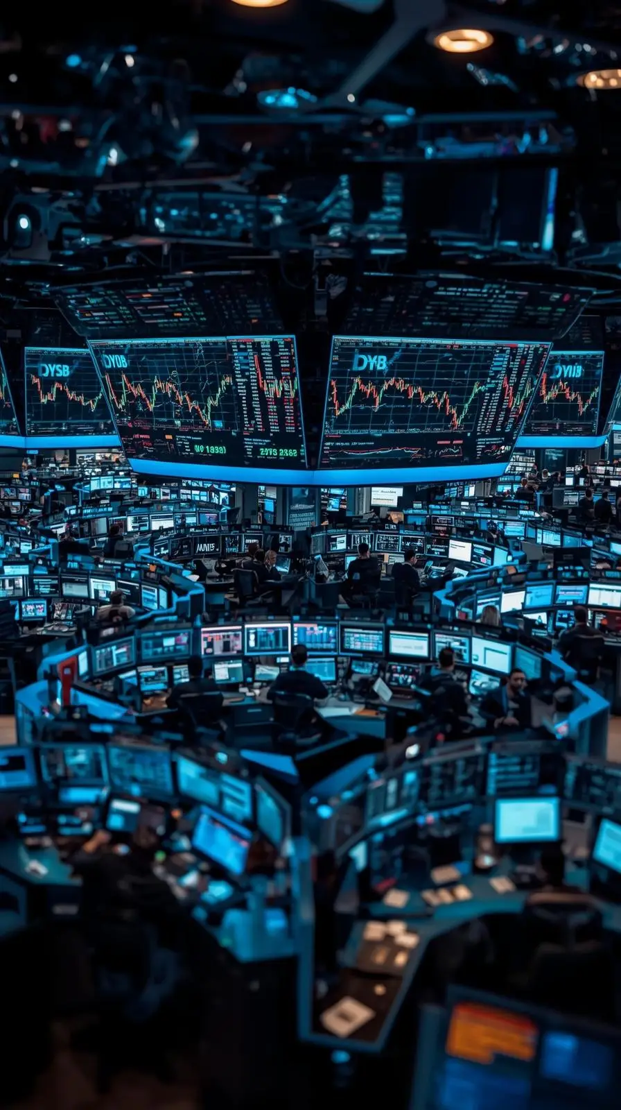 Illustration of a market-analysis environment with multiple data screens